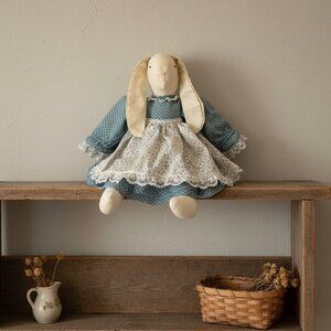 Vintage Handmade Primitive Bunny Doll 18" With Lace-Trimmed Blue & Floral Dress